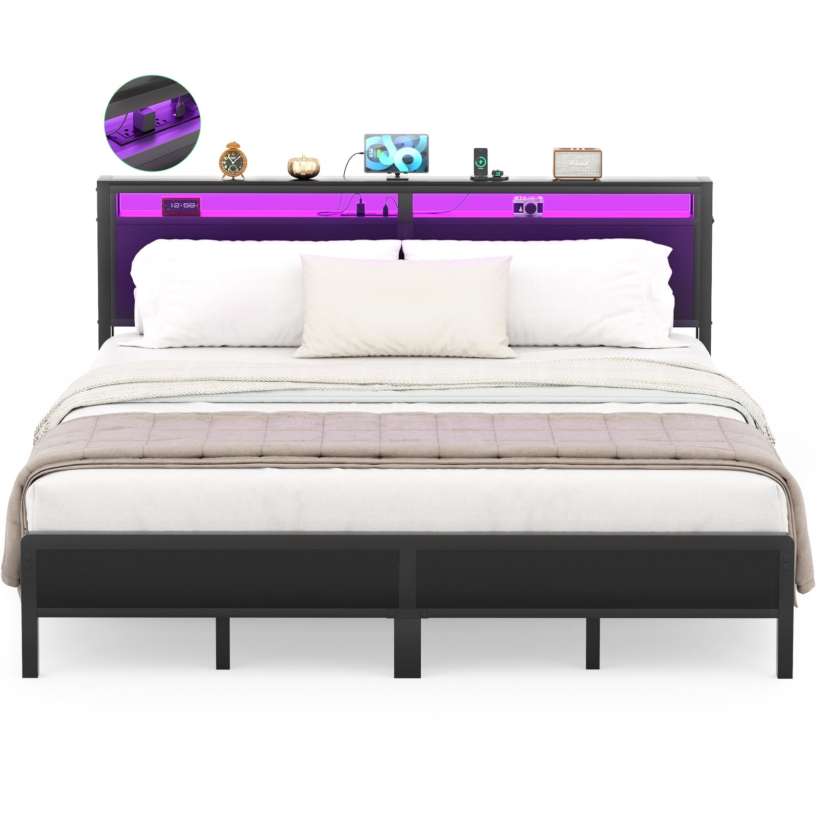 Homieasy King Size Bed Frame with Charging Station and Led Lights, Industrial Metal Platform Bed with Storage Headboard, Steel S