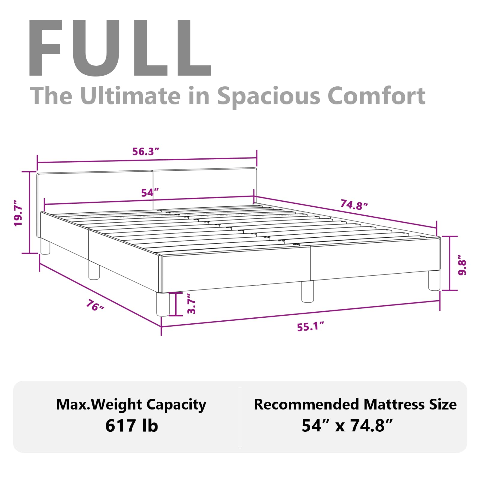 vidaXL Faux Leather Bed Frame Platform Bed, Scandinavian Style/Slats Support/No Box Spring Needed/Without Mattress/Easy Assembly, Black Full Bed