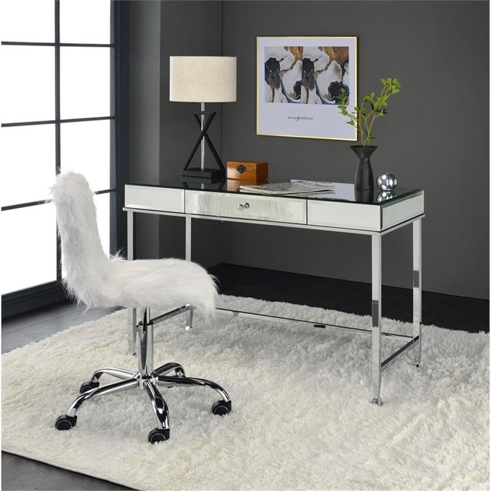 Acme Canine Rectangular Wood Top Writing Desk in Mirrored and Chrome