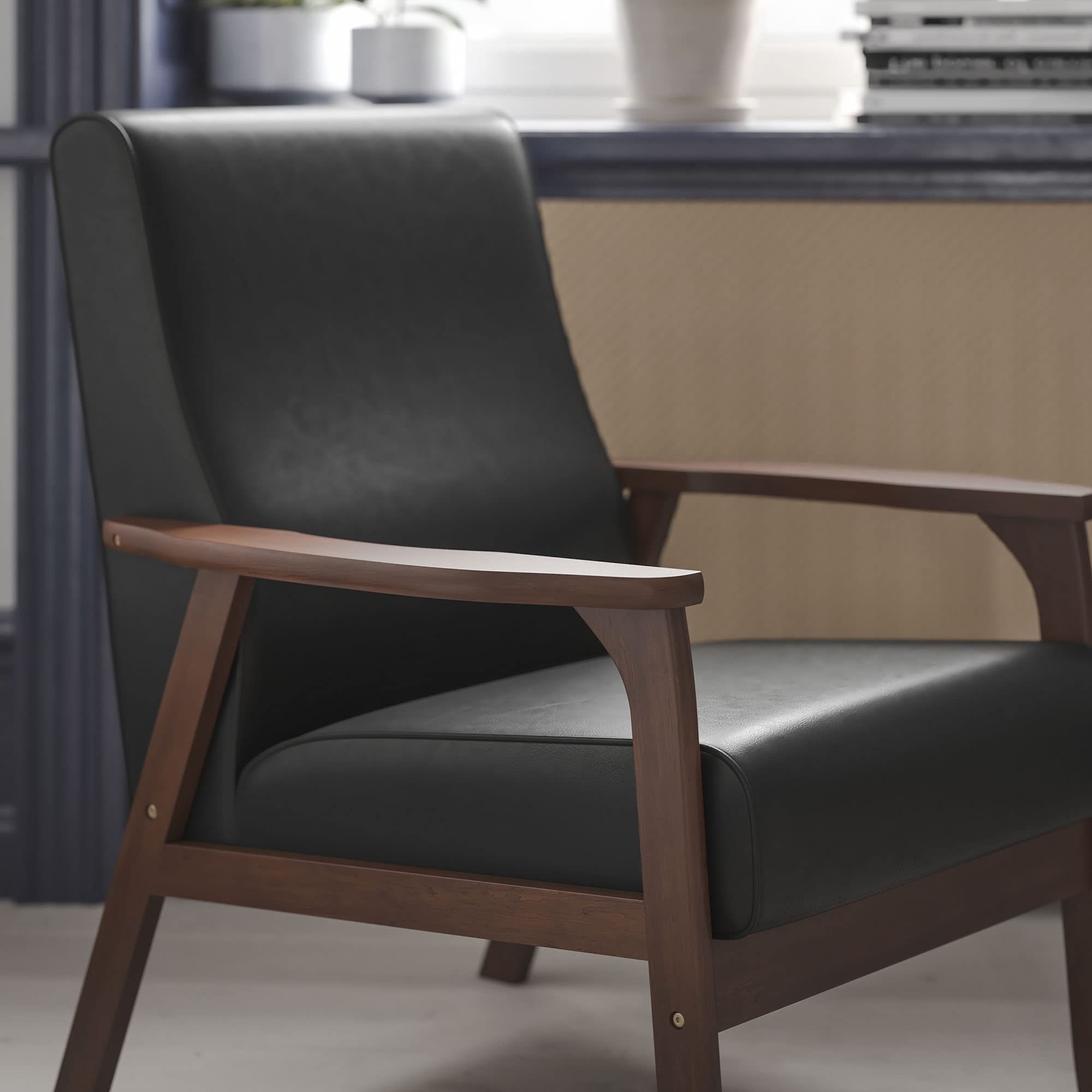 Flash Furniture Langston Commercial Mid Century Modern Chair - Black LeatherSoft Upholstery - Walnut Finish Wooden Frame and Arms - Extra Supportive Sinuous Springs