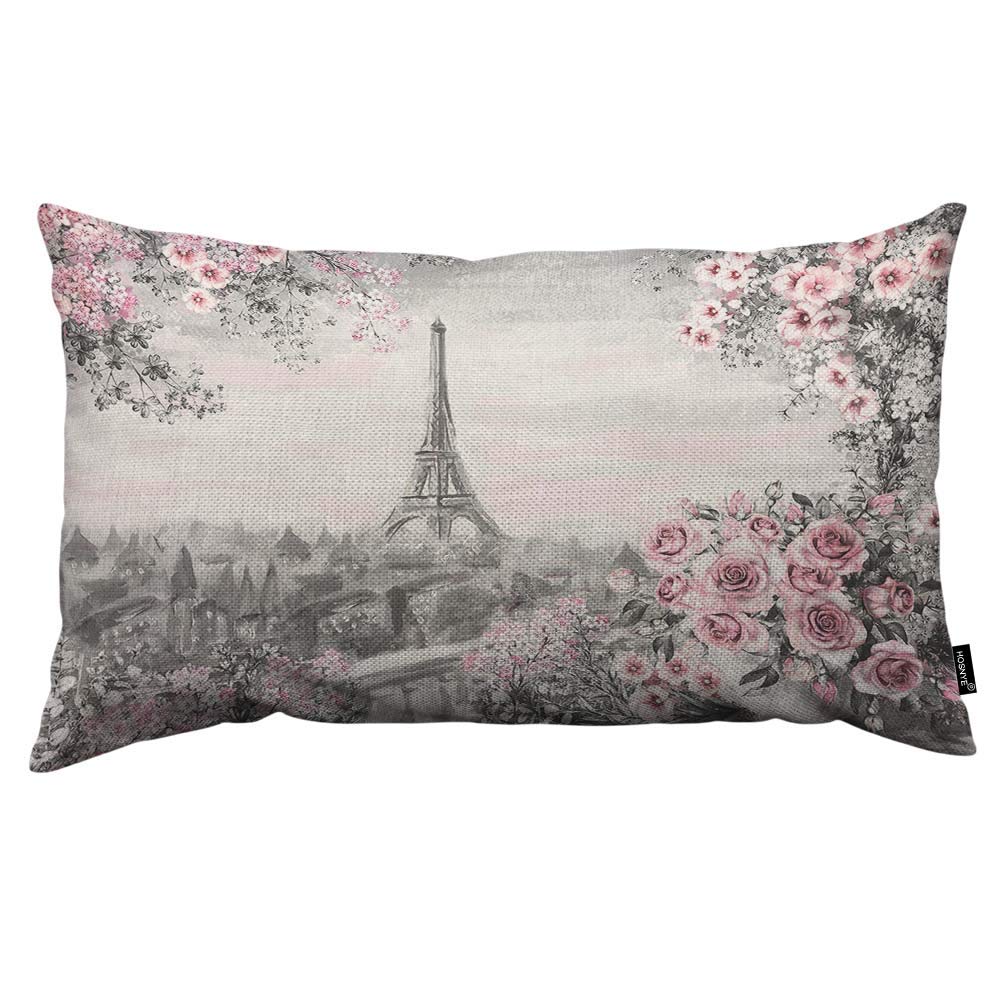 Hosnye Eiffel Tower Throw Pillow Cover Gray And Pink Oil Painting For Paris Summer Gentle City Landscape Flower Roses And Leaf L