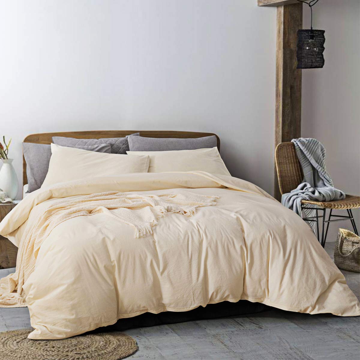 Ecocott Cream Duvet Cover King, 100% Washed Cotton 3 Piece Bedding Set 1 Duvet Cover With Zipper And 2 Pillowcases, Ultra Soft A