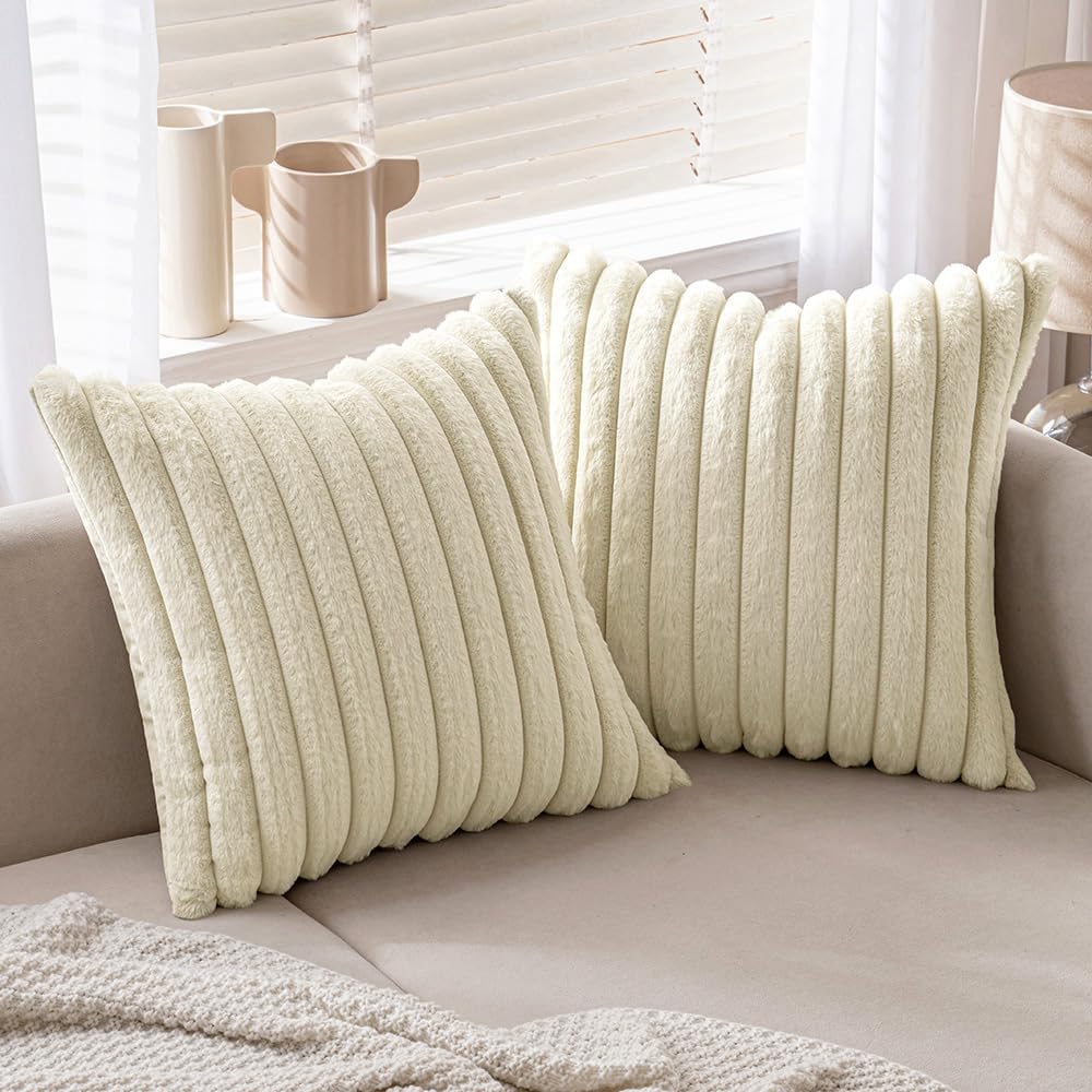 Miulee Beige Throw Pillow Covers 18X18 Inch Set Of 2 Soft Pillowcase With Velvet Back Faux Rabbit Fur Cushion Covers Decorative