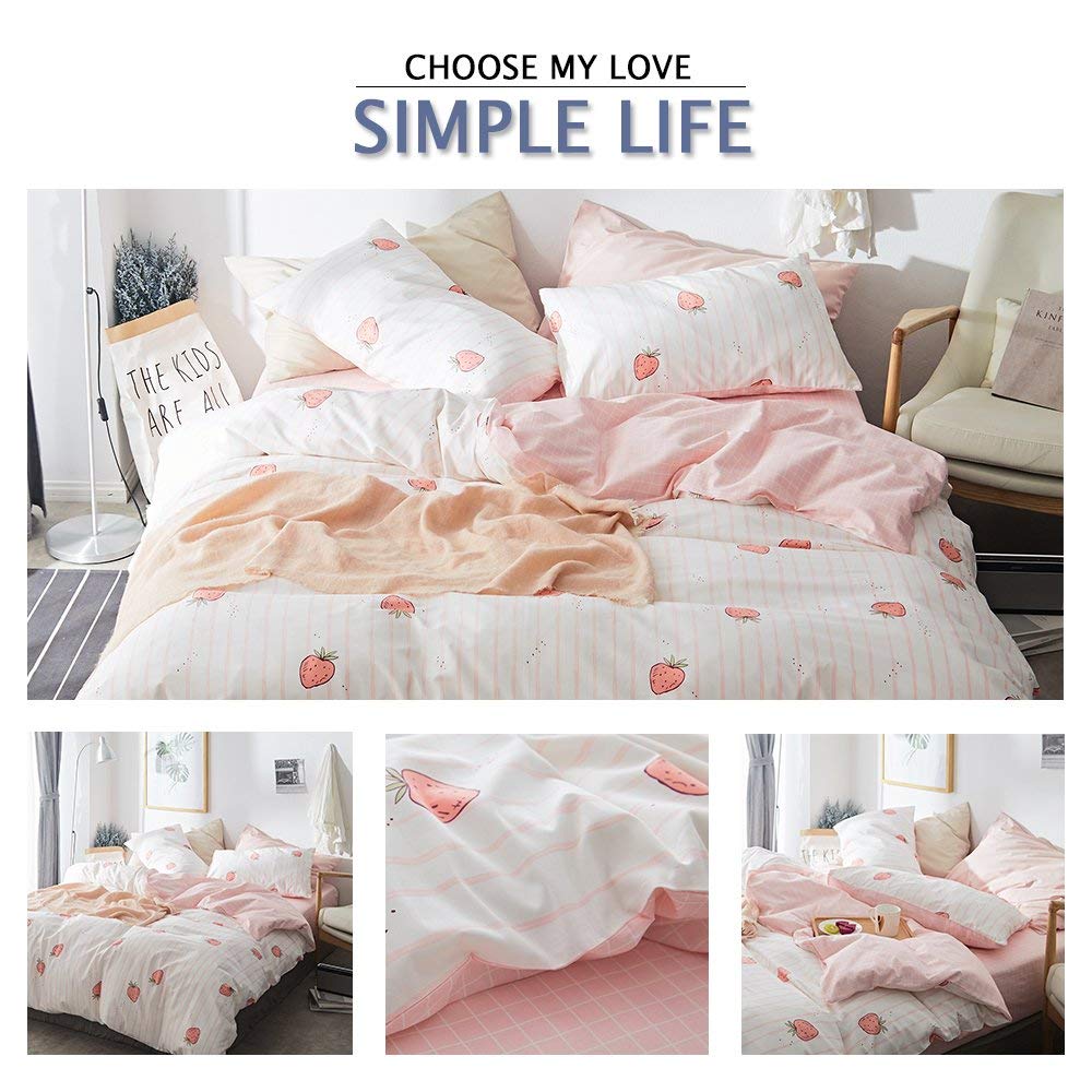 Lifetb Cute Strawberry Duvet Cover Full Size Soft Cotton Pink Strawberry Bedding Sets Cartoon Fruits Style Strawberry Comforter