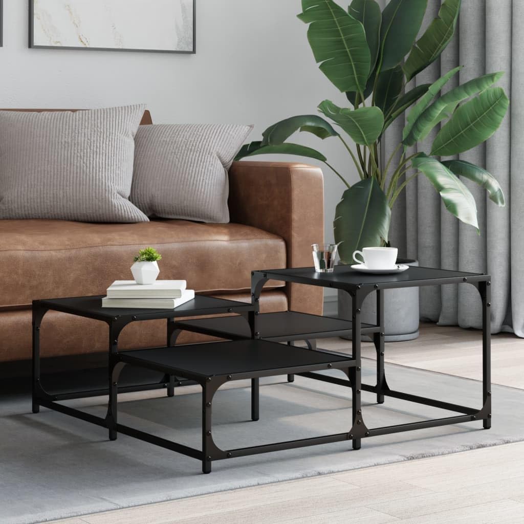 vidaXL Black Engineered Wood Coffee Table - Contemporary Sofa Center Desk with Metal Frame, Multi-Level Display Surface, Adjustable Feet, 34.4"x34.4"x15.7"