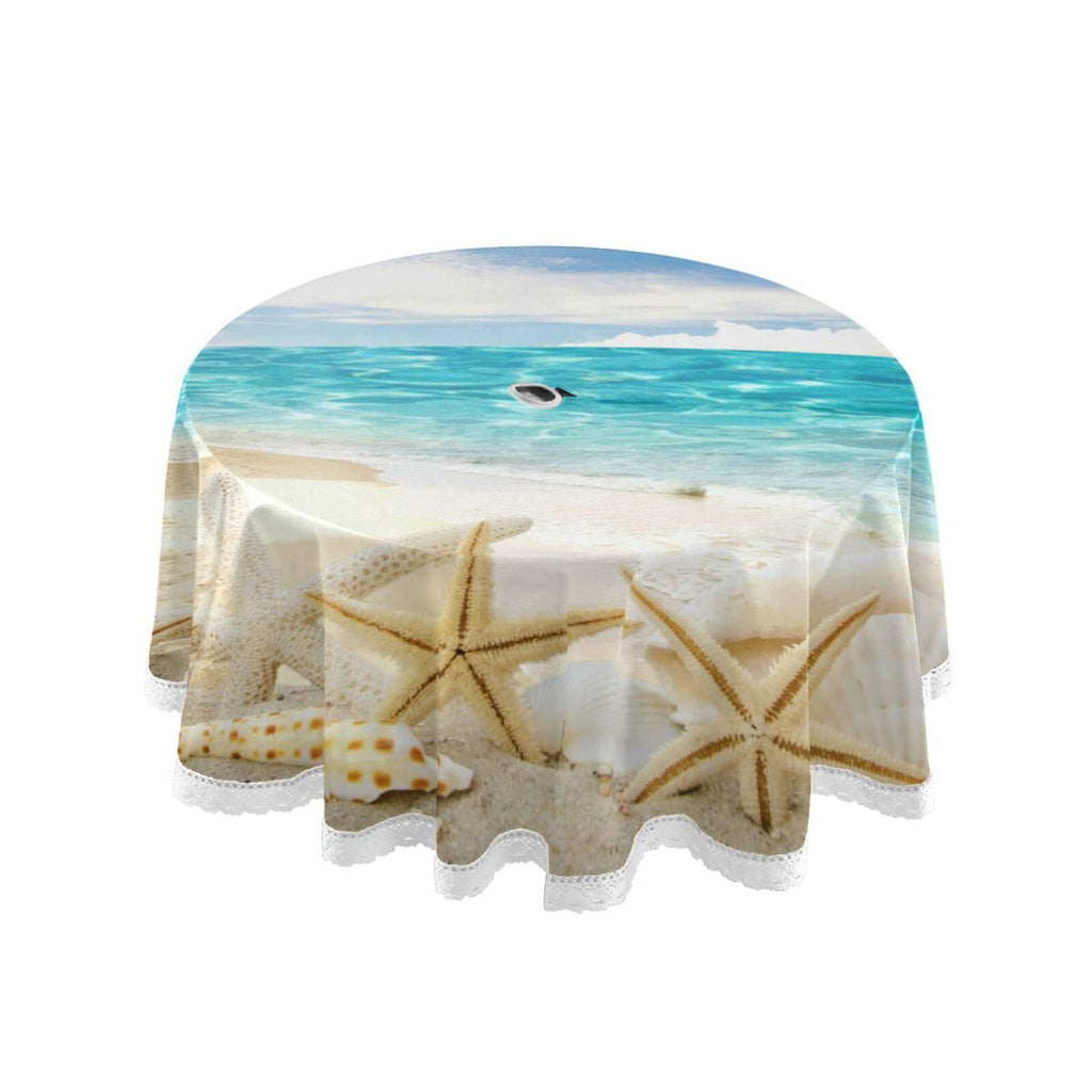 Qilmy Summer Beach Starfish Outdoor Tablecloth 60 Inch Waterproof Round Tablecloth With Umbrella Hole And Zipper For Backyard Pa