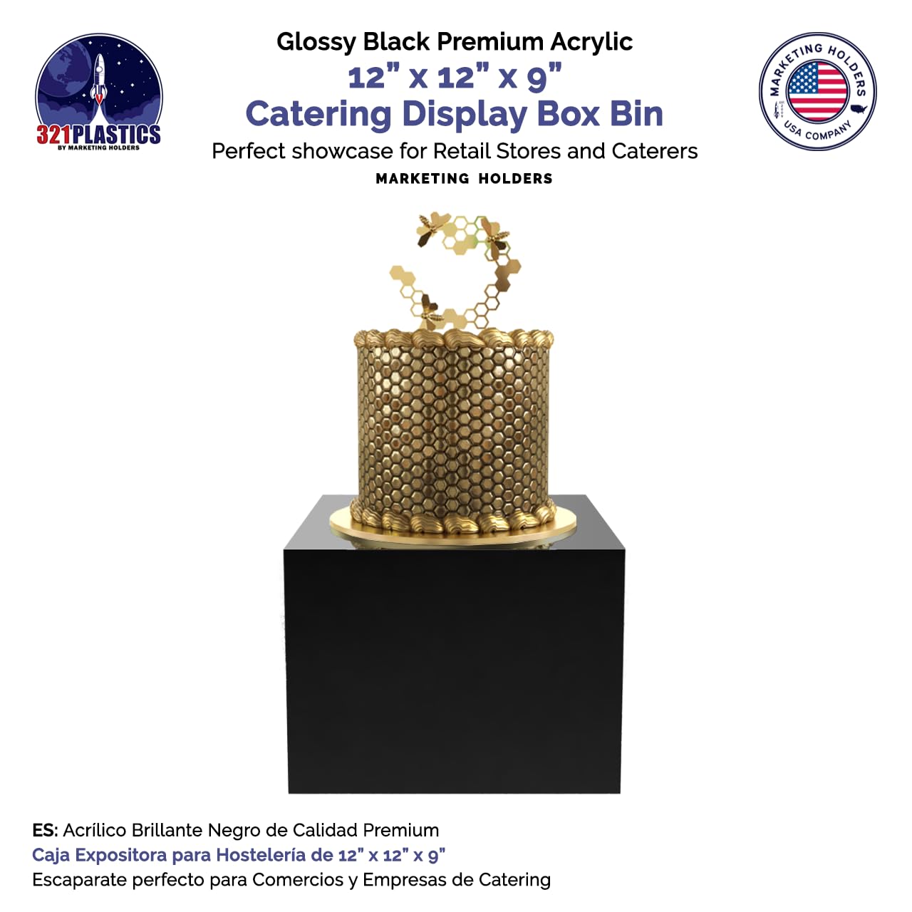 12'' X 12'' X 9'' Acrylic Display Riser Box With One Open Side No Lid Glossy Black Versatile Square Merchandise Storage Bin Or R