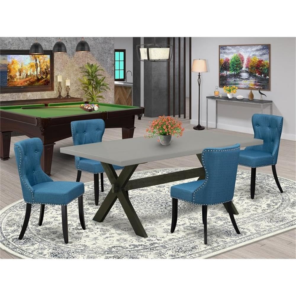 East West Furniture X697Si121-5 5 Piece Dining Room Furniture Set Includes A Rectangle Dining Table With X-Legs And 4 Blue Linen Fabric Parsons Chairs, 40X72 Inch, Multi-Color