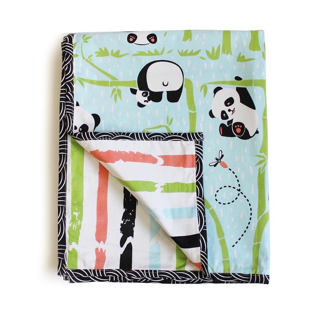 Silverlinen Panda Village 100% Cotton 3 Layer Reversible Single Blanket Dohar for Kids  Blue  60 in x 88 in