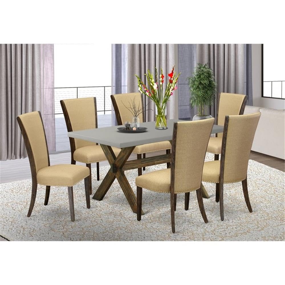 East West Furniture X796Ve703-7 7 Piece Dining Room Furniture Set Consist Of A Rectangle Dining Table With X-Legs And 6 Brown Linen Fabric Upholstered Chairs, 36X60 Inch, Multi-Color