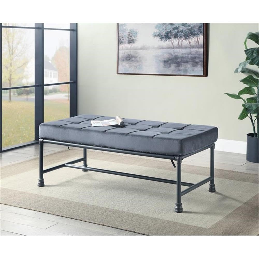 Acme Brantley Tufted Bench with Metal Frame in Gray and Sandy Gray Velvet