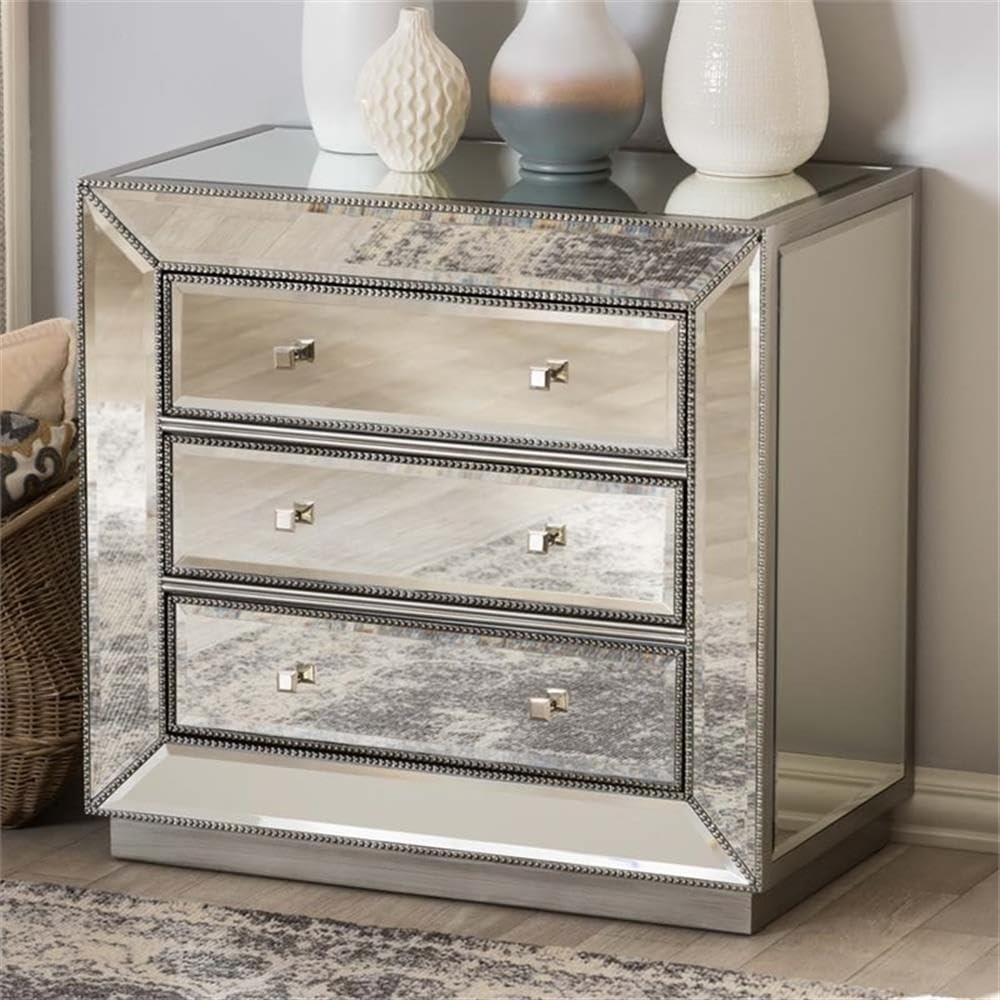 Baxton Studio Edeline Hollywood 3-Drawer Chest MDF/Silver Mirrored/Glam