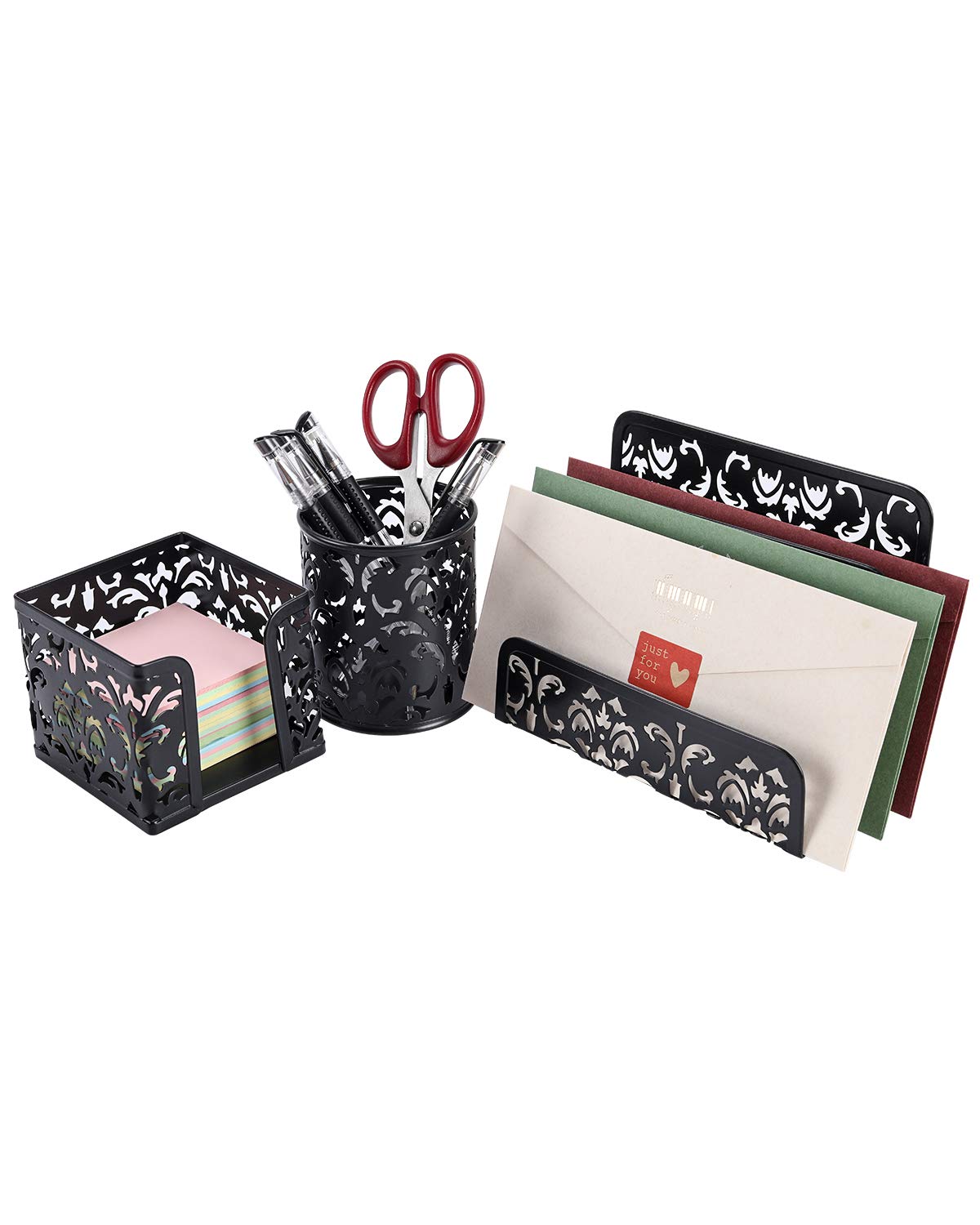 Easypag Cute Office Supplies 3 Piece Desk Organizer And Accessories Set - Letter Sorter, Pen Holder,Sticky Notes Holder,Black