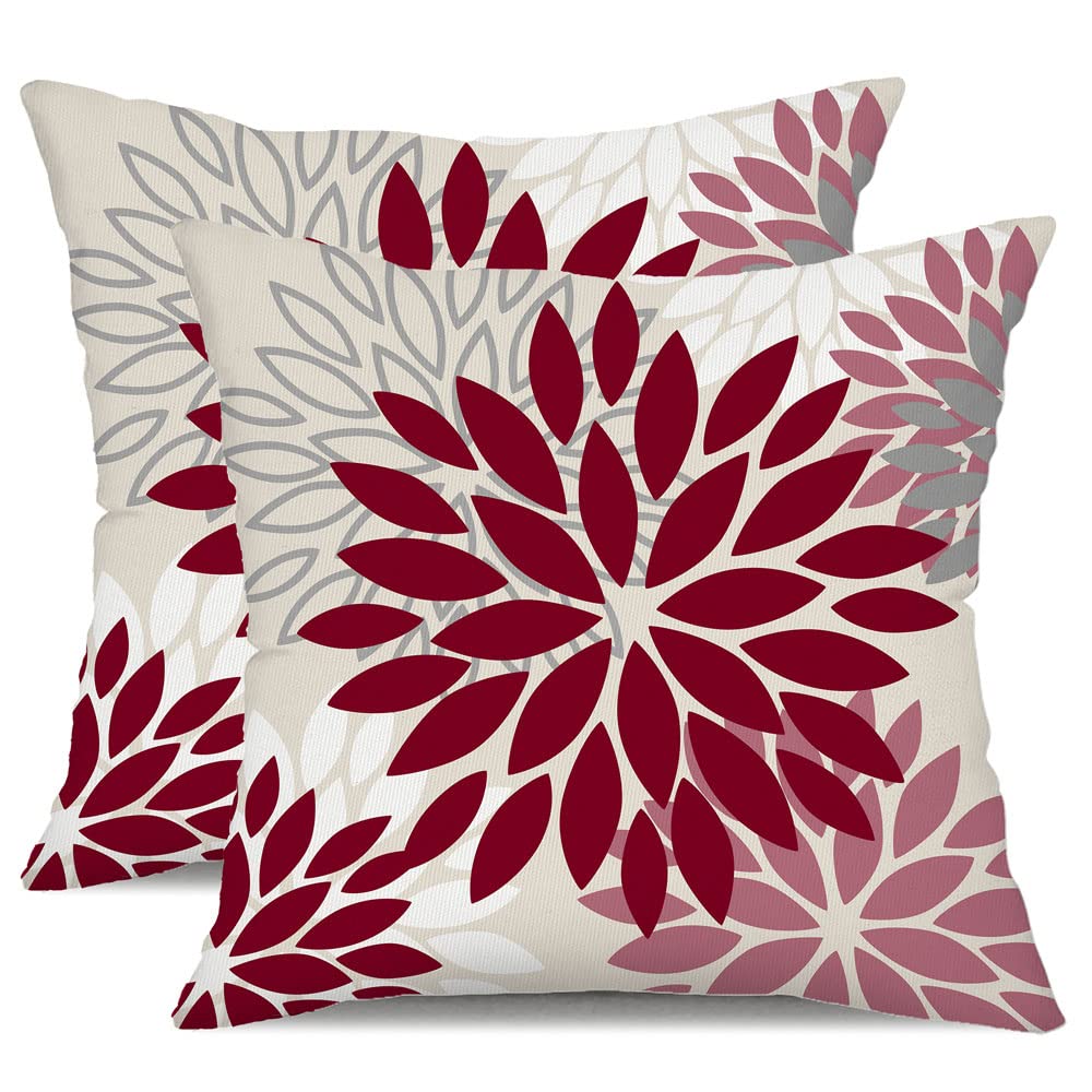 Dfxsz Wine Red Pink Flower Pillow Covers 16X16 Inch Set Of 2 Outdoor Throw Pillows Outdoor Waterproof Decor For Living Room Sofa