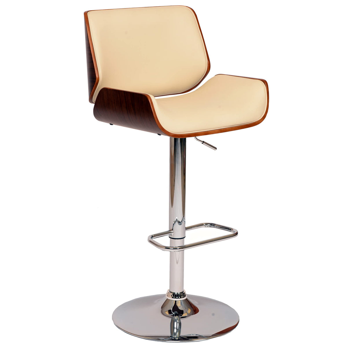 HomeRoots Chrome Metal, Walnut Vaneer, Leatherette Cream Upholstered Chrome Base Adjustable Bar Stool