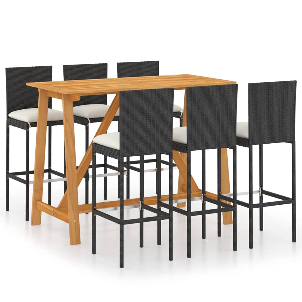 vidaXL Patio Bar Set 7-Piece with Cushions - Black Poly Rattan, Acacia Wood Table, Outdoor/Indoor Lounge Seating