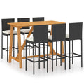 vidaXL Patio Bar Set 7-Piece with Cushions - Black Poly Rattan, Acacia Wood Table, Outdoor/Indoor Lounge Seating