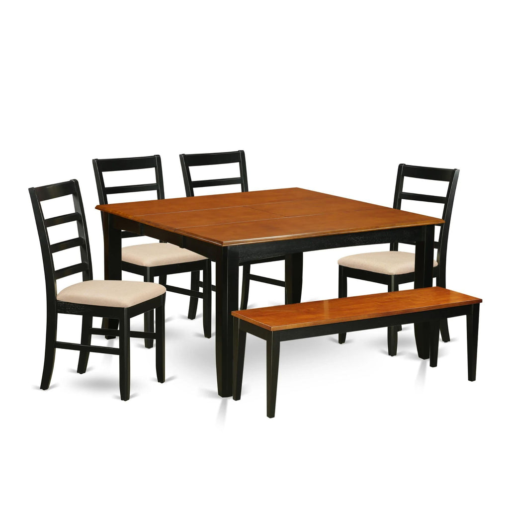 East West Furniture PARF6-BCH-C 6 Piece Set Contains a Square Dining Room Table with Butterfly Leaf and 4 Linen Fabric Kitchen Chairs with a Bench, 54x54 Inch