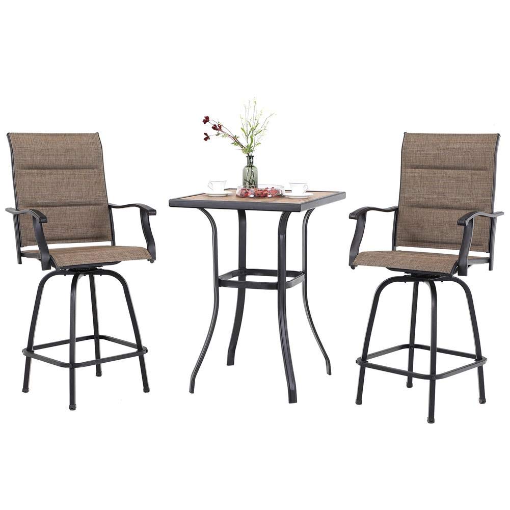 Phi Villa 3 Piece Outdoor Swivel Bar Stools Set, Bar Height Patio Bar Set With Padded Textilene Fabric, All-Weather High Top Patio Table And Chairs Furniture Set, Brown
