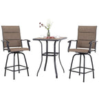 Phi Villa 3 Piece Outdoor Swivel Bar Stools Set, Bar Height Patio Bar Set With Padded Textilene Fabric, All-Weather High Top Patio Table And Chairs Furniture Set, Brown