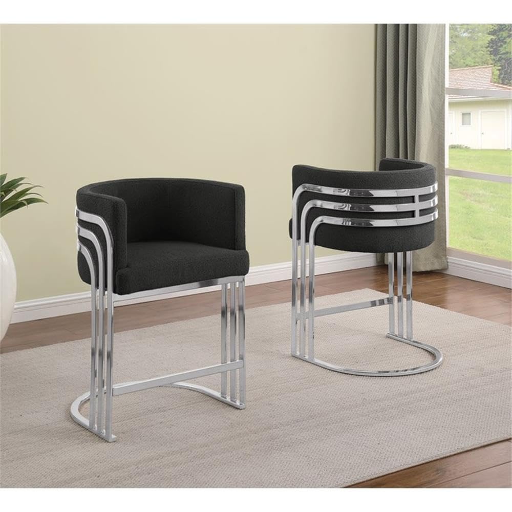 Best Quality Furniture Modern Teddy Fabric Counter Height Stools with Chrome Legs - Black - Elegant Barrel Design with Silver Frame - Set of 2 - Perfect for Dining Room, Bar, Office, or Living Room