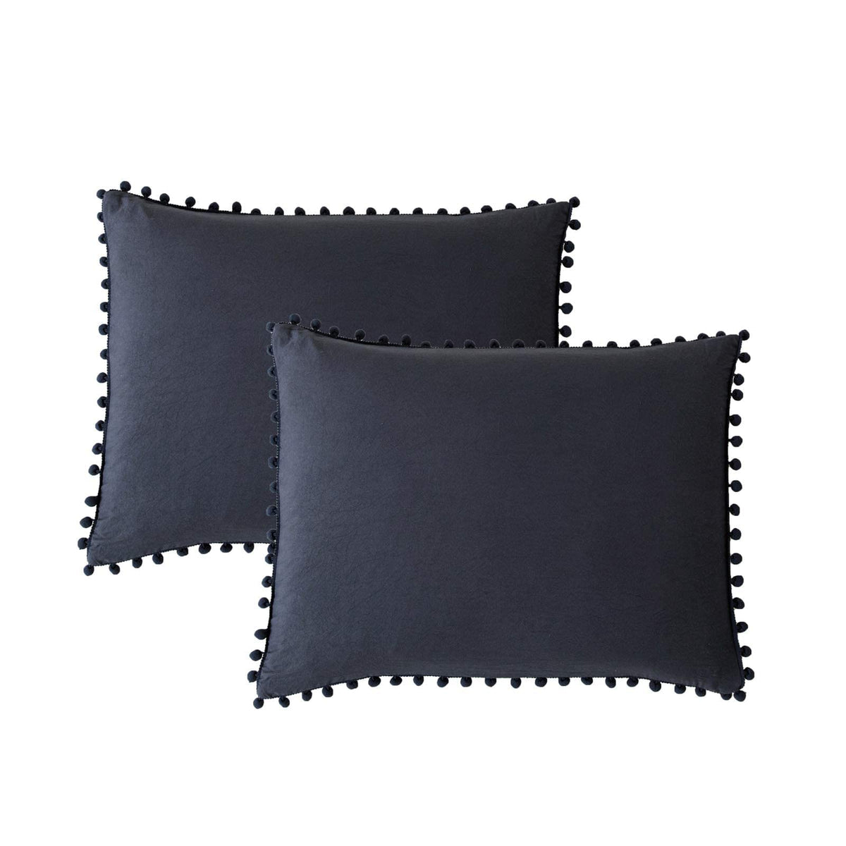 Navy Blue Pom Poms Pillowcases, Dark Blue Standard Queen 20X30 Inches Pillowcases Set Of 2, 100% Washed Microfiber, Navy Fringe