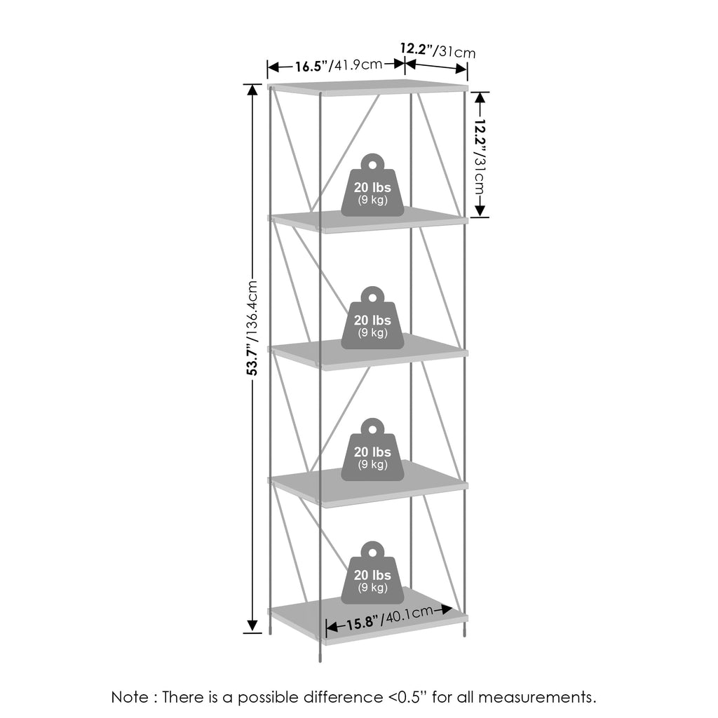 Furinno Wire 5-Tier Industrial Style Metal Frame Bookcase, Display Shelf, 16 Wide, Finn Oak