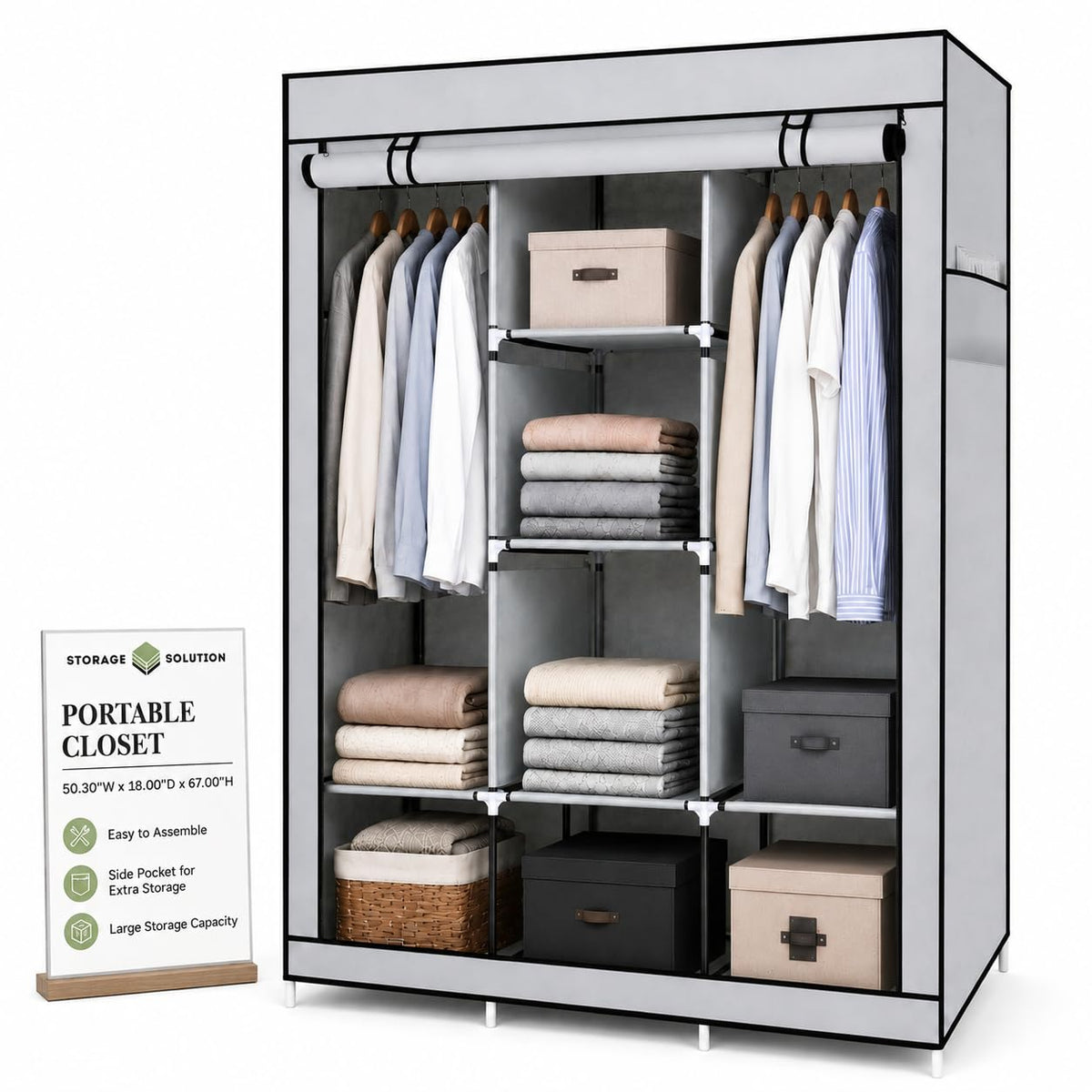 American Dream Heavy Duty Storage Closet with Shelving Freestanding Wardrobe Organizer Cabinet, 50.3 W x 18 D x 67 H  Grey