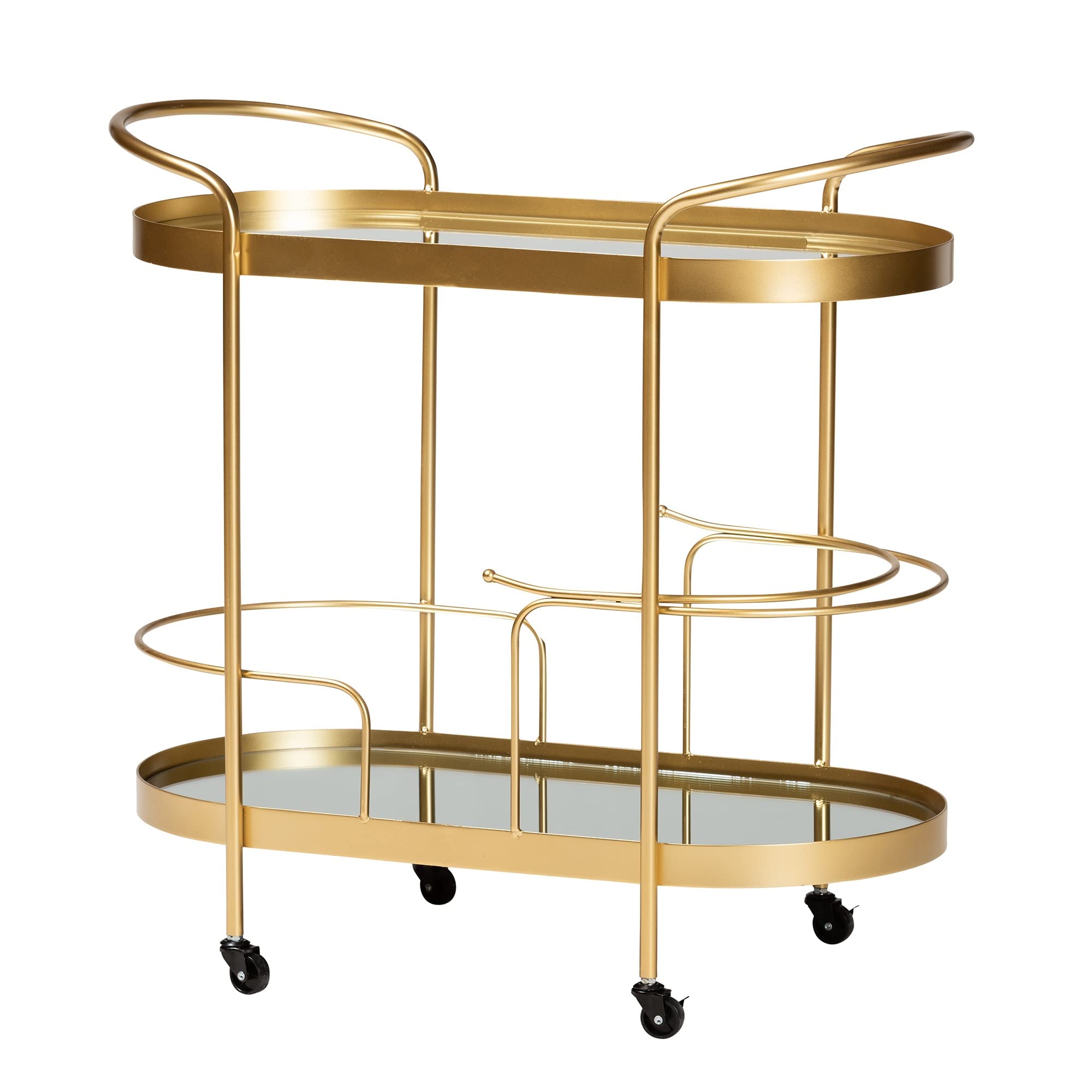 Baxton Studio Kamal Modern and Contemporary Glam Brushed Gold Finished Metal and Mirrored Glass 2-Tier Mobile Wine Bar Cart