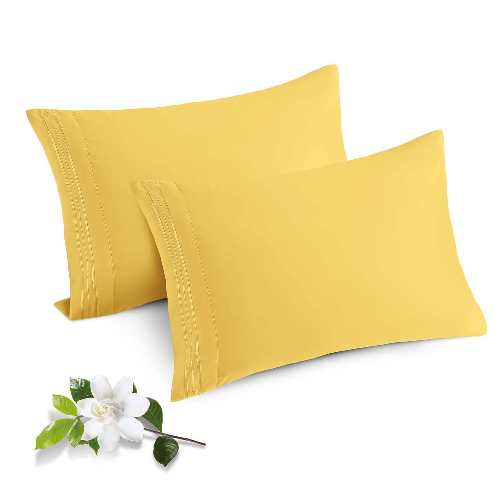 Horbaunal 2 Pack Microfiber Pillowcases King Size Yellow Bed Pillow Cases With Envelope Closure, 1800 Thread Count Soft & Shrink