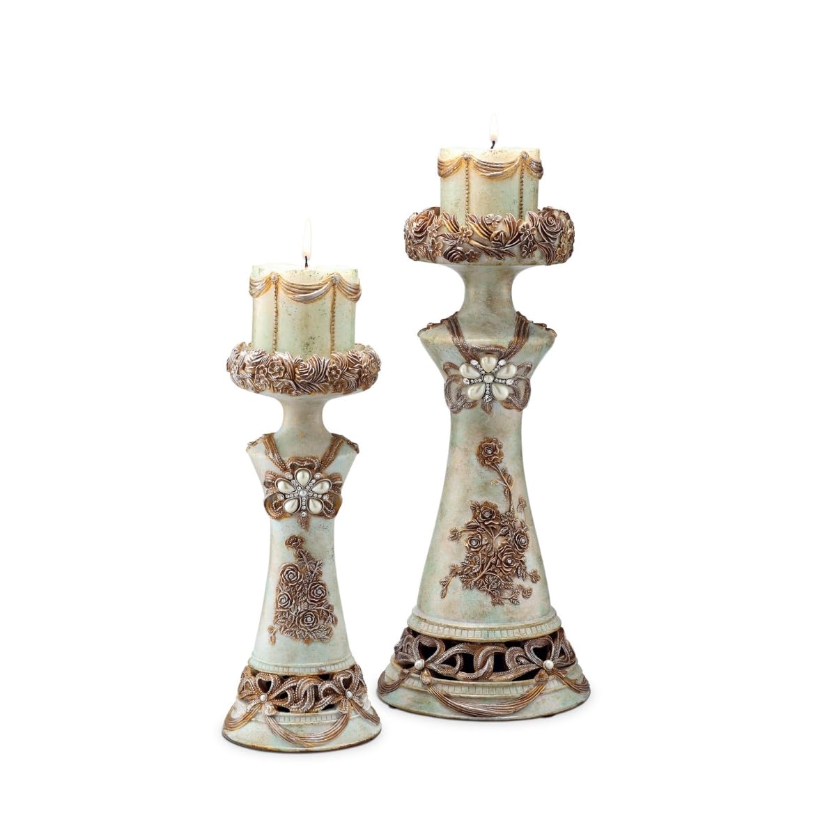 HomeRoots 468832 16 x 7 x 7 in. Beige & Brown Vintage Pillar Tabletop Candle Holders - Set of 2