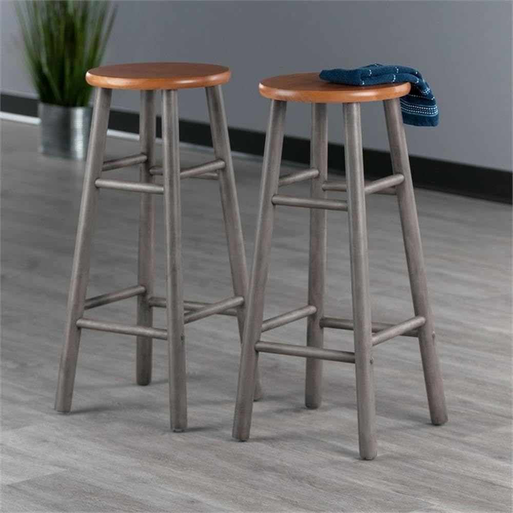 Winsome Huxton 2-Piece Bar Stools, 29 in, Teak Seat with Oyster Gray Base, Solid Wood