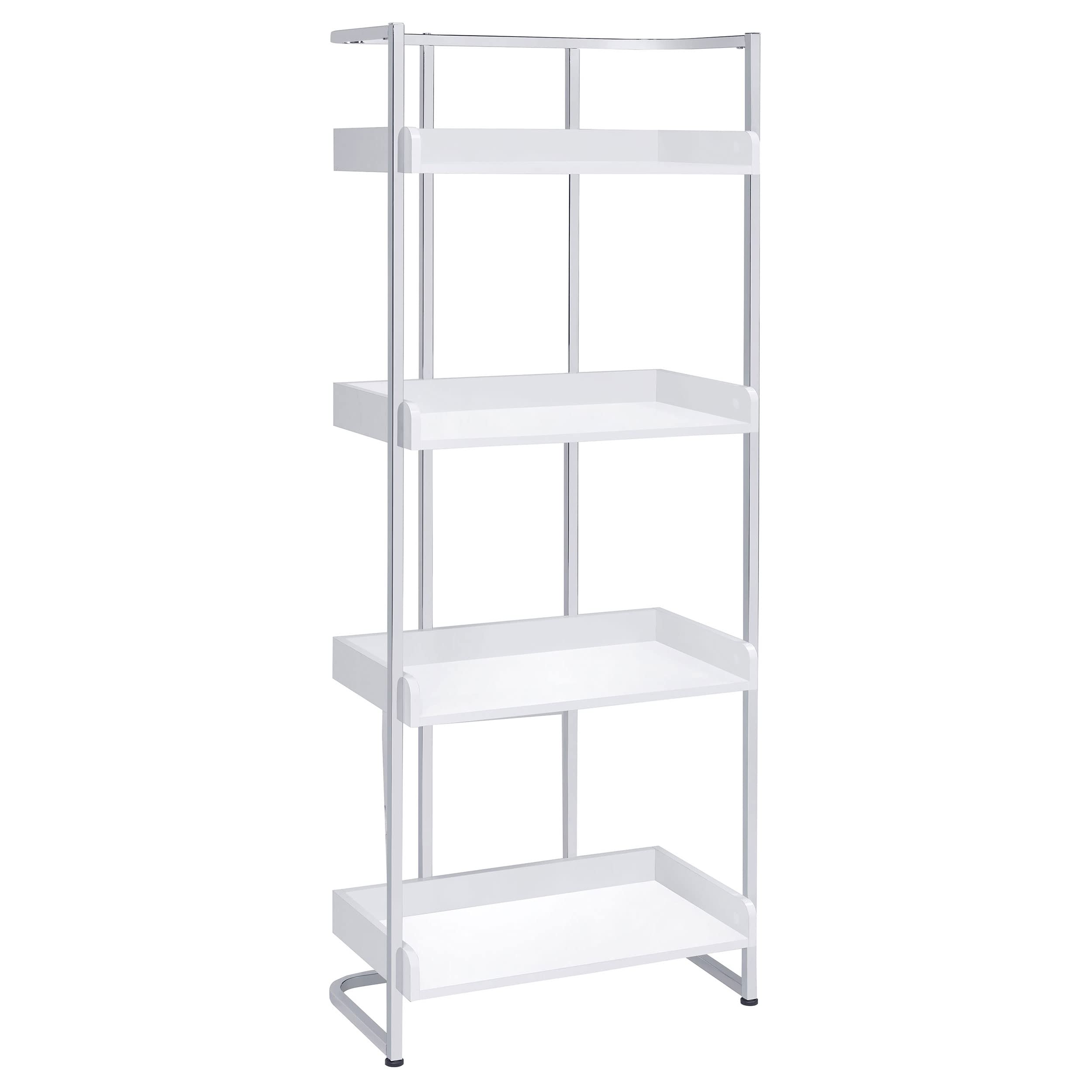 Coaster Furniture Ember 4-Shelf White High Gloss and Chrome Bookcase 26.25&quot; W x 14&quot; D x 67.5&quot; H 803402