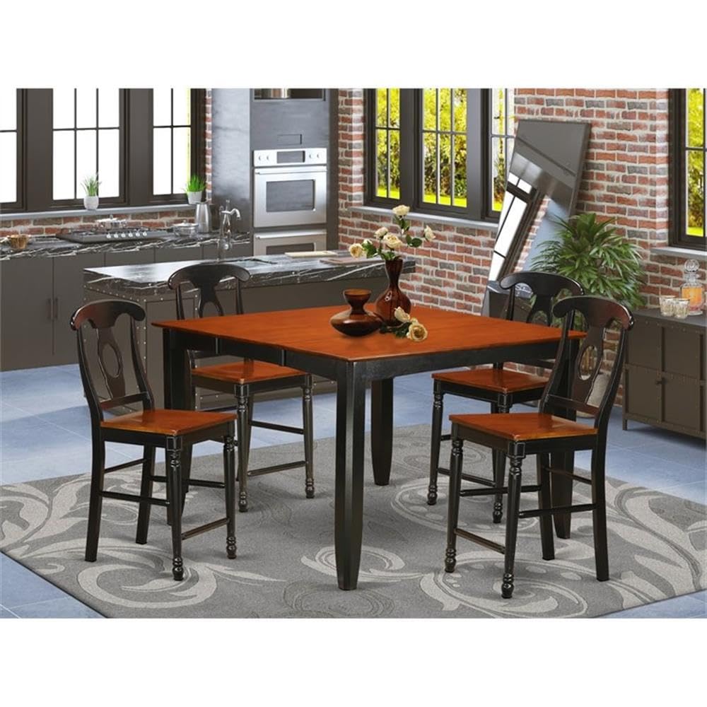 East West Furniture FAKE5H-BLK-W 5 Piece Counter Height Dining Set Includes a Square Kitchen Table with Pedestal and 4 Dining Room Chairs, 54x54 Inch, Black & Cherry