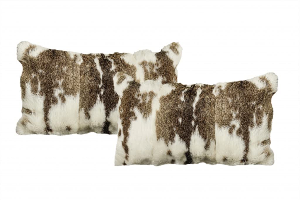 HomeRoots 100% Natural Rabbit Fur and Microsuede Set of Two 12' X 20' Brown and White Rabbit Natural Fur Animal Print Throw Pillows