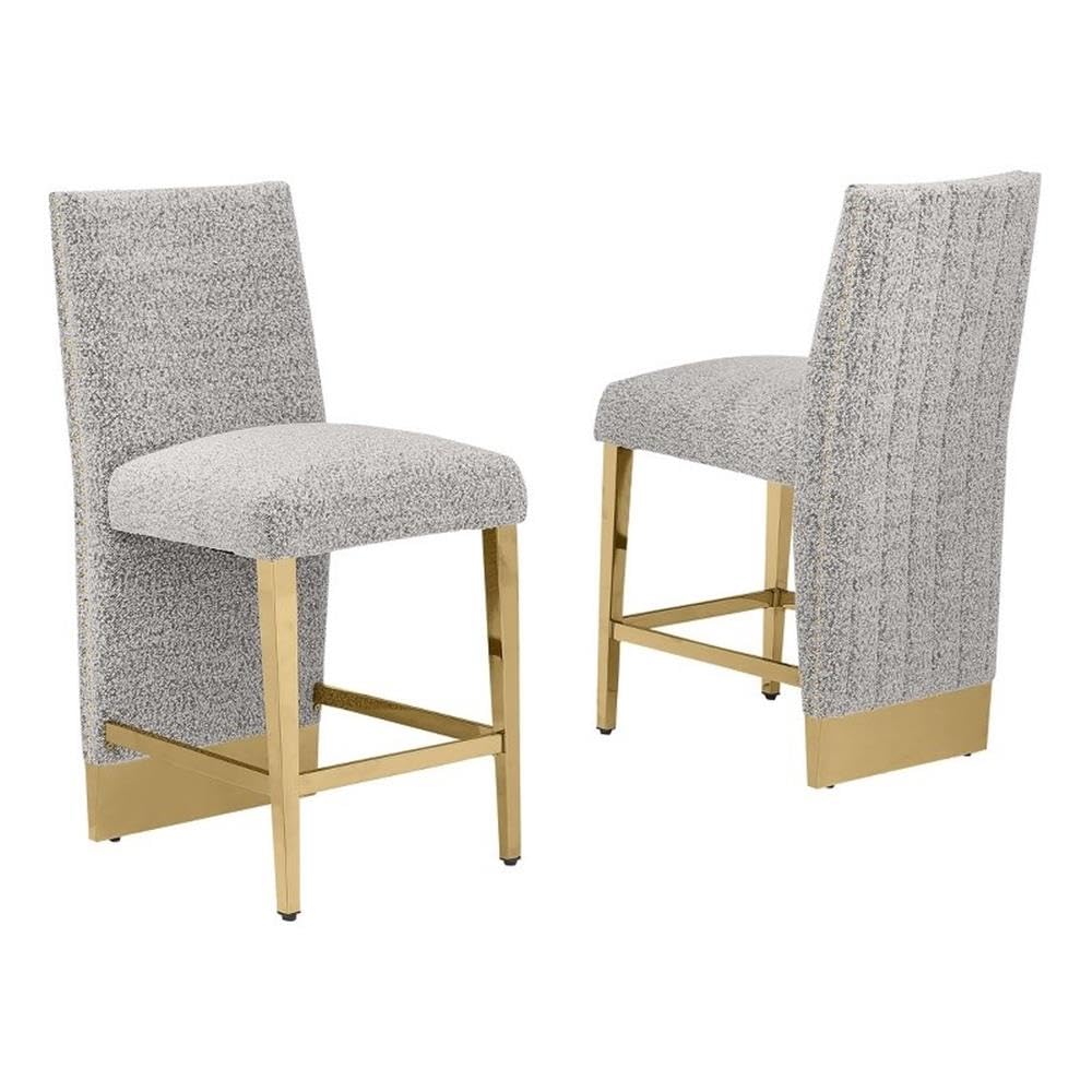Best Quality Furniture Modern Upholstered Bar Stool Set Of 2 – Boucle Fabric In Rich Gray – Matte Brushed Chrome Legs In Gold – Perfect For Dining Room Or Living Room