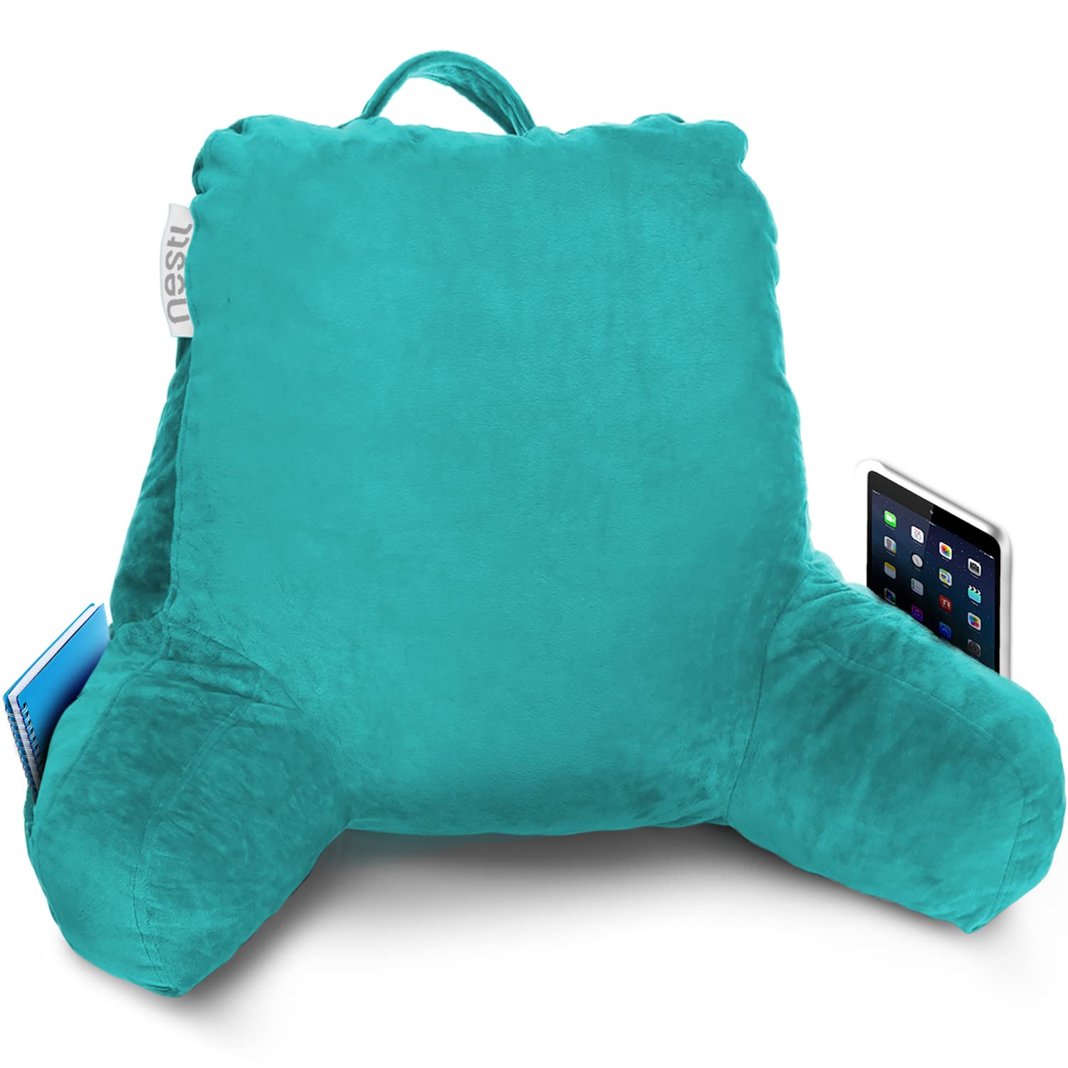 Nestl Reading Pillow Standard Bed Pillow, Back Pillow For Sitting In Bed Shredded Memory Foam Chair Pillow, Reading & Bed Rest Pillows Teal Back Pillow For Bed, Bed Chair Arm Pillow With Pockets