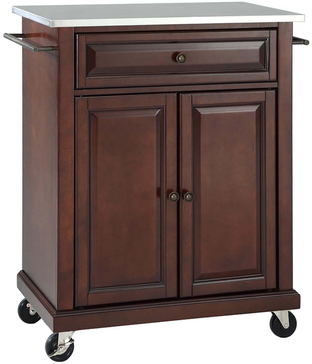 Crosley Furniture Compact Stainless Steel Top Rolling Cart with Shelves, Microwave Stand with Towel Rack, Mahogany