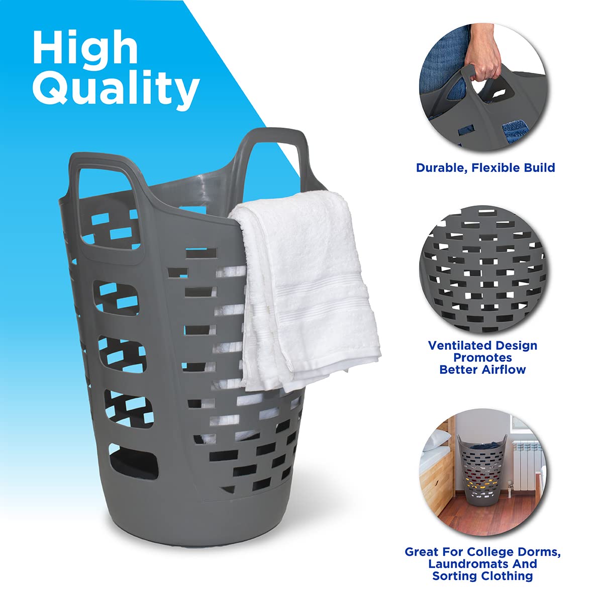 Clorox Flexible Laundry Basket - Tall Plastic Hamper For Clothes, Bedroom, And Storage - Portable Round Bin With Carry Handles,