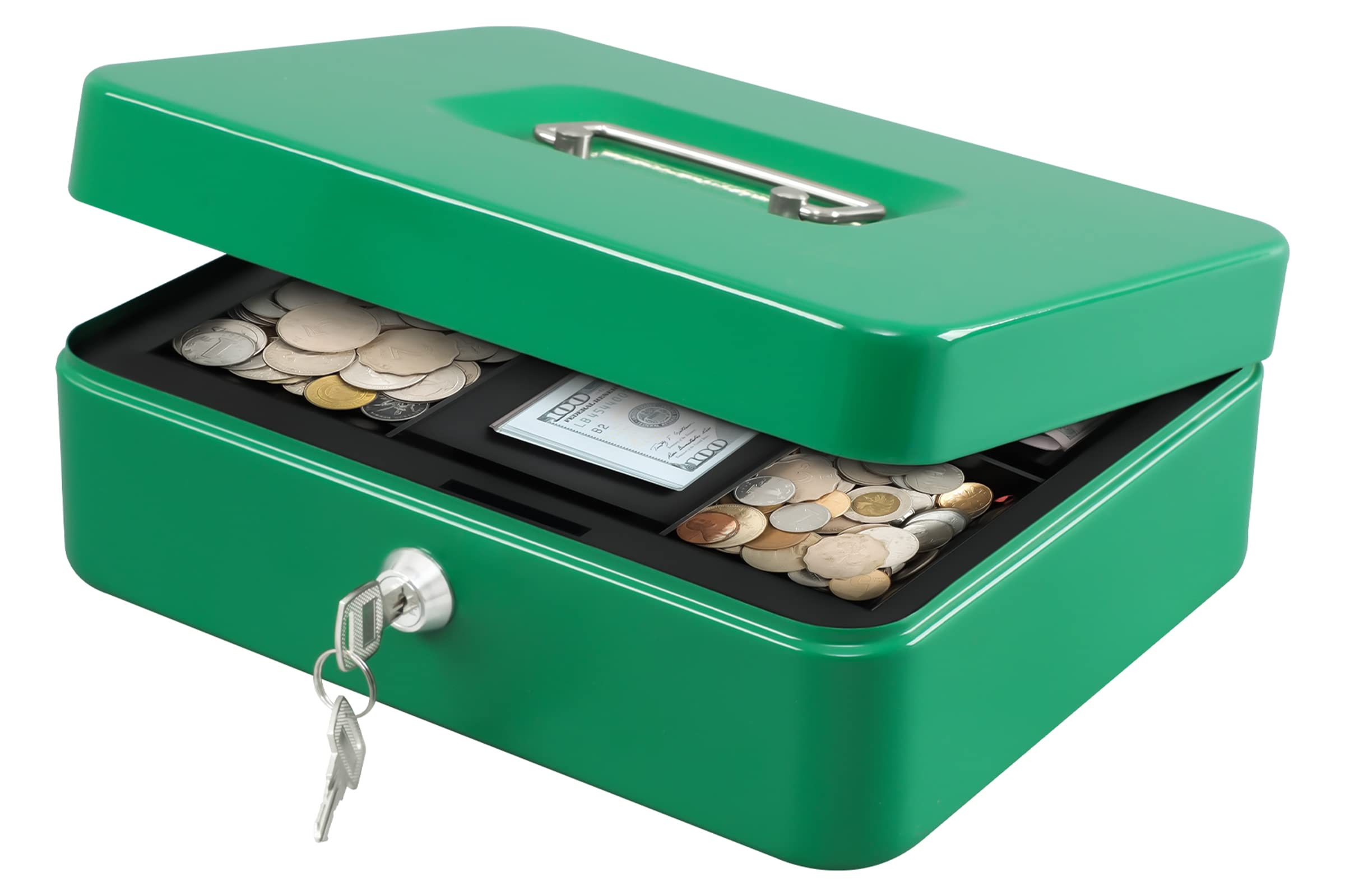 Kyodoled Large Lock Box With Money Tray,Storage Cash Box With Lock,Safe Metal Box For Money,9.84'X 7.87'X 3.54' Green Large