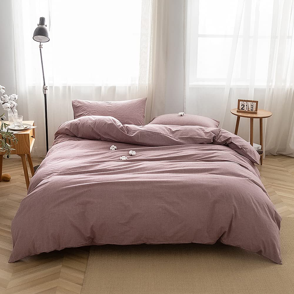 Face Two Face Bedding Duvet Cover Set100% Washed Cotton Duvet Cover Linen Like Textured Breathable Durable Soft Comfy(Full, Purple Bean Paste)