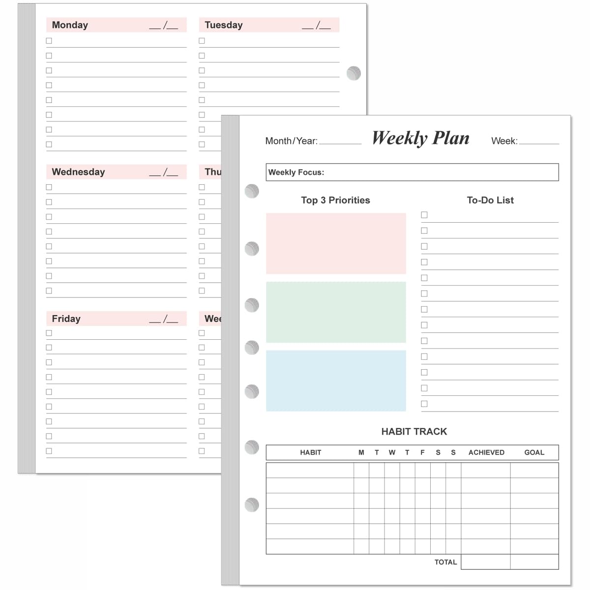 Weekly Planner Refills For 3 Or 7 Ring Mini Binders - 53 Sheets/106 Pages Undated Colorful Weekly Planner, 100 Gsm White Paper,