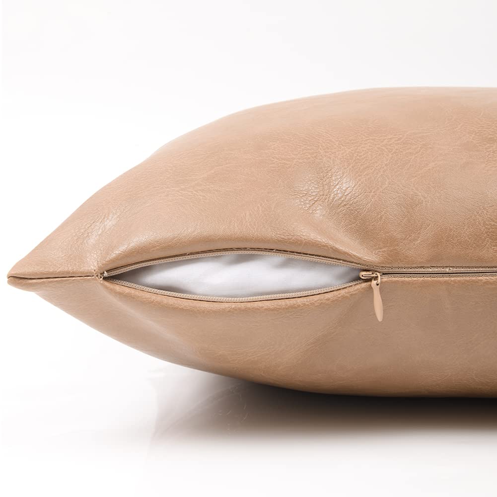 Fancy Homi 2 Packs Tan Long Lumbar Faux Leather Decorative Throw Pillow Covers 16X24 Inch For Outdoor Couch Bed, Beige Hand Stit
