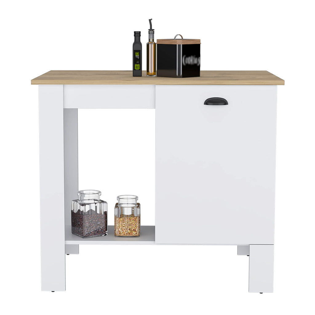 DEPOT E-SHOP Kitchen Island 35" H, 1 Storage Cabinet with Door, 2 Internal Shelves, 1 Open Storage Shelf, White/Macadamia