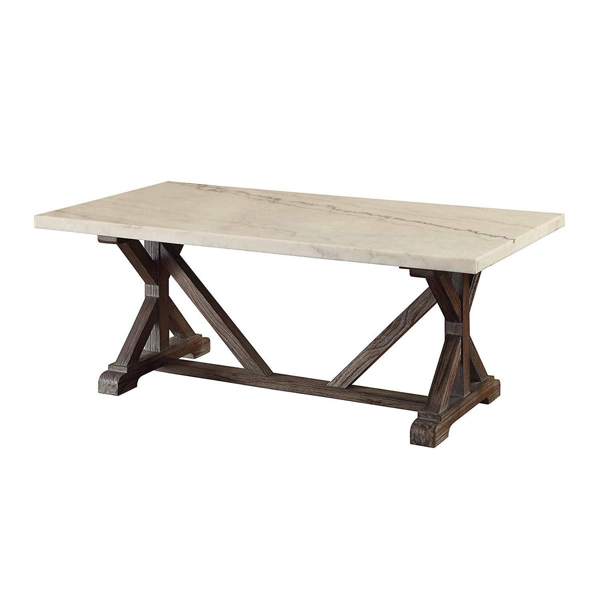 Benjara Marble Rectangle Shaped Coffee Table With Wooden Trestle Base, White And Brown
