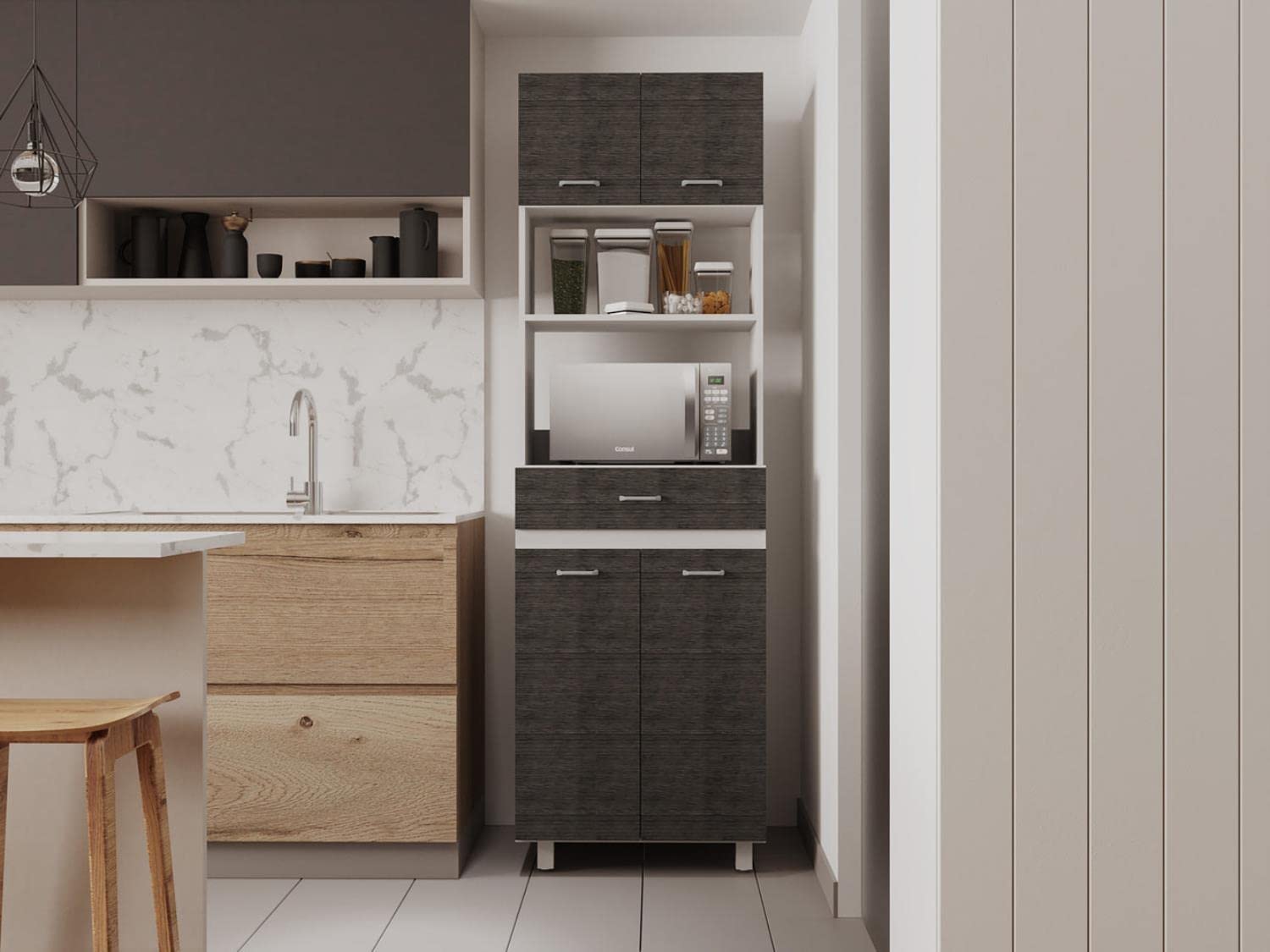 Mucura Microwave Cabinet with Drawer, 2 Double Doors, Open Shelf, and 4 Shelves, Smokey Oak/White