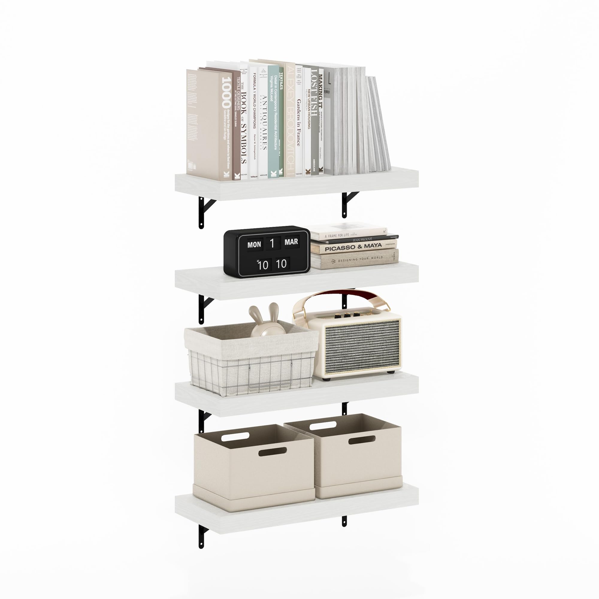 Furinno Tanna 22-Inch Wall Mounted Floating Display Shelves, White Texture, Set of 4