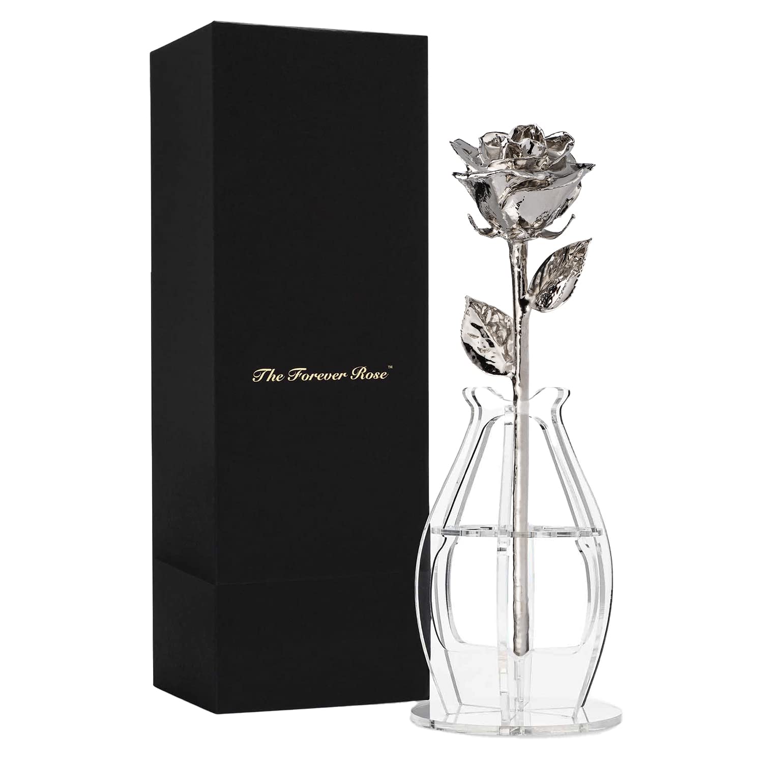 Forever Rose Bloom Box Bundle - a Genuine, One of a Kind, Real Rose Hand Dipped in Platinum with Beautiful Phantom Vase and Bloo