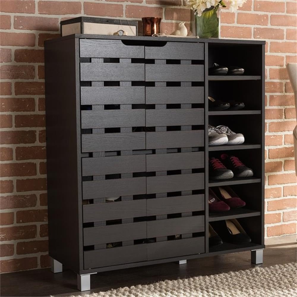 Baxton Studio Shirley Modern & Contemporary Wood 2-Door Shoe Cabinet with Open Shelves, Dark Brown