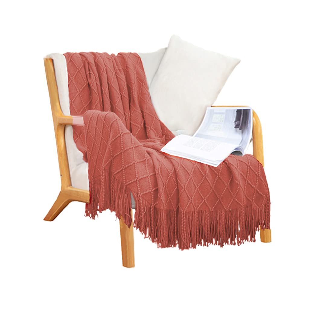 Soga Red Diamond Pattern Knitted Throw Blanket Warm Cozy Woven Cover Couch Bed Sofa Home Decor With Tassels